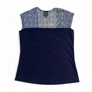 Suzie In the City vintage Navy blue & white geometric print mesh sleeveless top